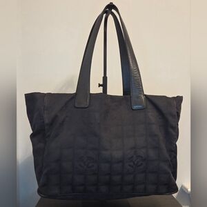 Chanel Travel Line Tote Black Nylon CC Logo Shoulder Bag Large Italy Authentic